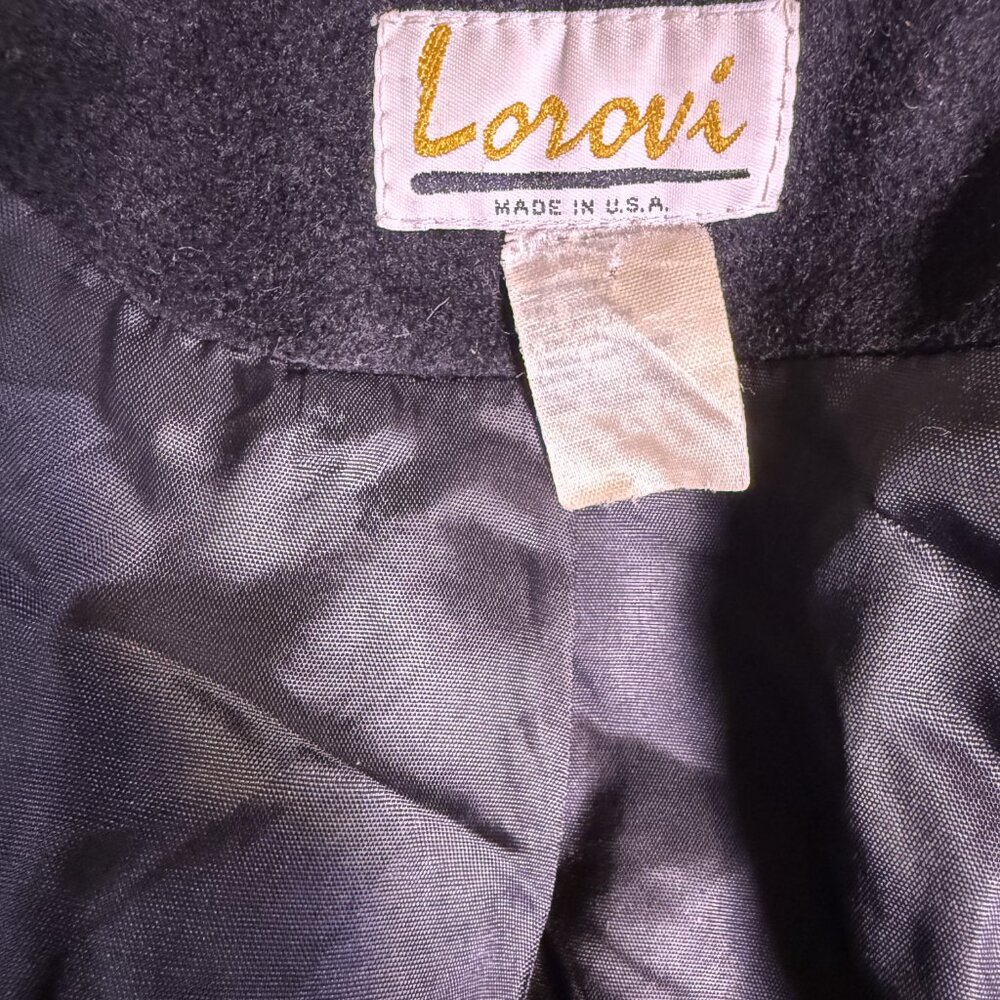 Vtg Lorovi Black Wool Coat Cape Collar Trim Elegant Overcoat Check Measurements - Picture 9 of 11
